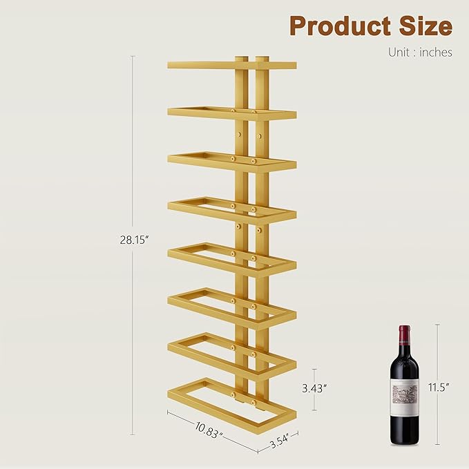 Hoctieon 8 Tier Wall Mount Wine Rack, Wall Racks for Wine Bottles Display and Storage, Hanging Bottle Organizer for Living Room, Dining Room, Wine Cellar, Bar, Gold