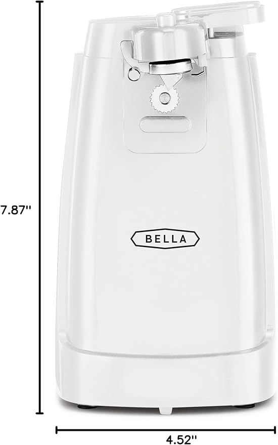 BELLA Electric Can Opener and Knife Sharpener, Multifunctional Jar and Bottle Opener with Removable Cutting Lever and Cord Storage, Stainless Steel Blade, White