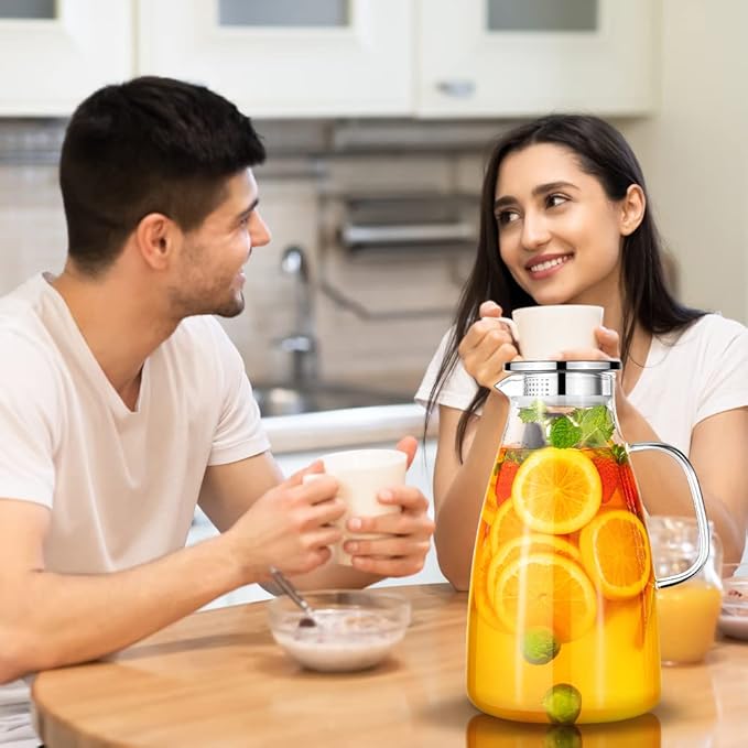 Aofmee 100 Oz Glass Pitcher, 3L Water Pitcher with Lid, Iced Tea Jar with 304 Stainless Steel Lid and Spout, Heat Resistant Jug for Sun Tea, Water Carafe for Cold or Hot Beverage Serveware Juice