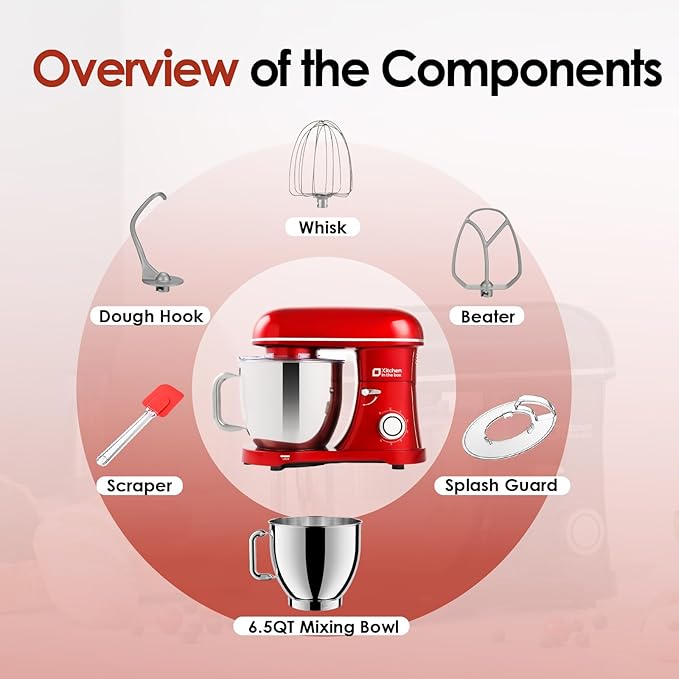 Kitchen in the box Stand Mixer - 6.5 Quart Mixing Bowl, 900 Watt Powful Bread Bread Dough Mixers Tilt-head with Dough Hook, Whisk, Flat Beater and Splash Guard (Red)