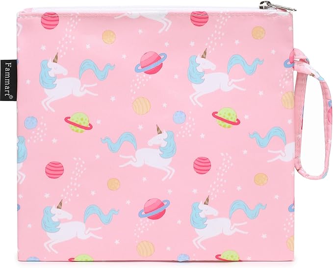 Reusable Sandwich Bag/Snack Bag for Kids & Adults, Dual Layer Lunch Bag with Handle, Washable, Food Safe, BPA Free (1-Pack, Planet Unicorn)