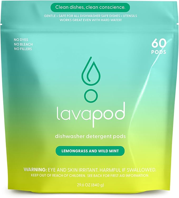 Natural Dishwasher Pods | Plant-Based Enzyme Dishwasher Detergent, Lemongrass & Wild Mint, Eco-Friendly, Tough on Grease & Food Residue, 60 Count