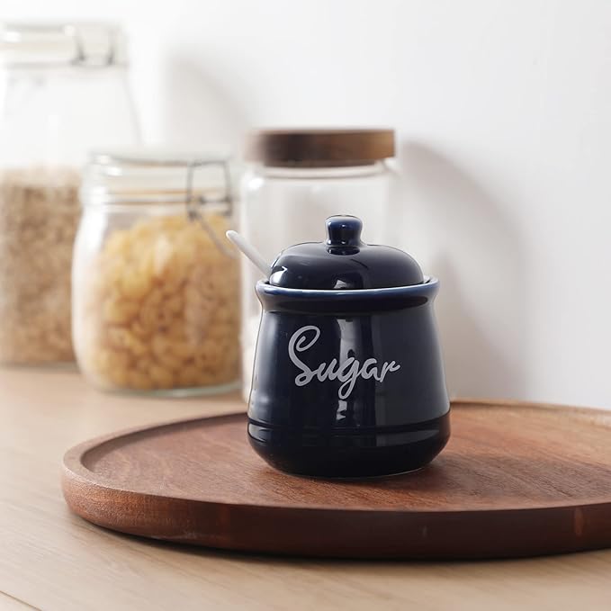 HAOTOP Farmhouse Porcelain Sugar Bowl with Lid and Spoon 12oz,Easy to Clean (Navy)