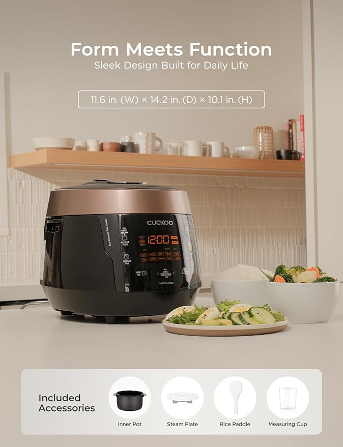 CUCKOO CRP-P0609S 6-Cup (Uncooked) / 12-Cup (Cooked) High Pressure Rice Cooker & Warmer with Nonstick Inner Pot, 12 Menu Options, Fuzzy Logic Tech, 3 Voice Guide, Auto Clean (Black/Copper)