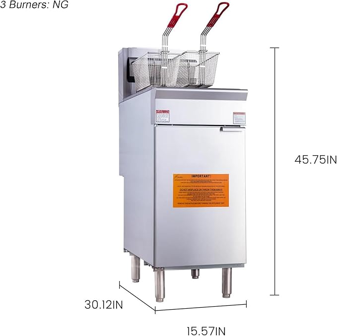 CLIVIA Gas Deep Fryer, Commercial Floor Natural Gas Fryer with 2 Baskets, 40 lb. Capacity with 3 Burners, Total 90,000 BTU Gas Powered Fryer for Restaurants
