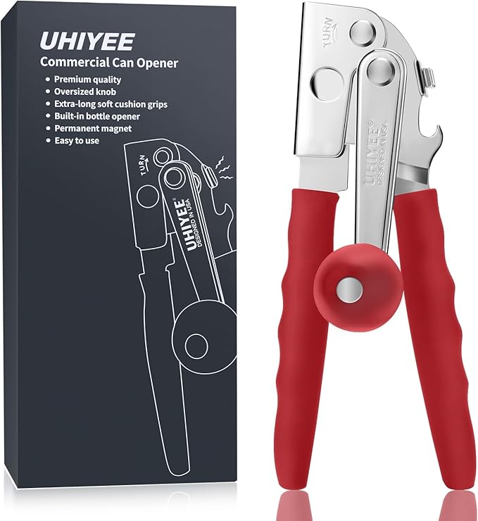 Commercial Can Opener, UHIYEE Hand Crank Can Opener Manual Heavy Duty with Comfortable Extra-long Handles, Oversized Knob, Large Handheld Can Open Easy for Big Cans, Red