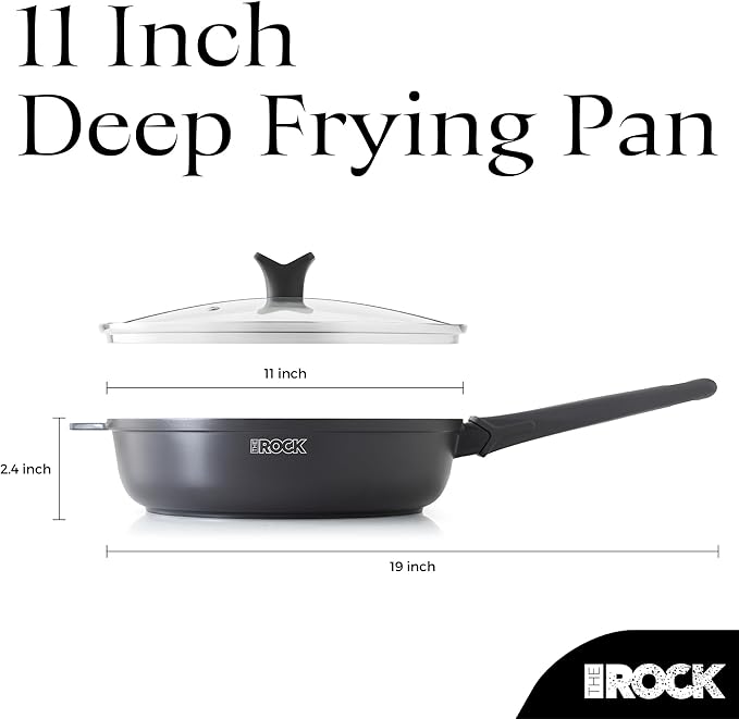 THE ROCK SOHO 4 Qt Nonstick Deep Frying Pan Skillet with Glass Lid, 11 Inch Large Deep Frying Pan, Non Stick Saute Pan – Stay-cool Handle, Induction Compatible, Oven & Dishwasher Safe, Black