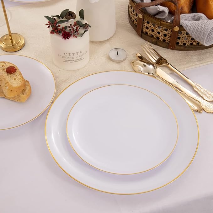 KIRE 100PCS Disposable Plates - White with Gold Rim for Party/Wedding - Includes 50Pieces 10.25inch Dinner and 50Pieces 7.5inch Dessert/Salad Plates