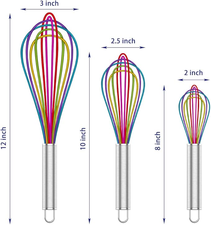 Silicone Whisk,Professional Whisks For Cooking Non Scratch,Stainless Steel & Silicone Wisk,Plastic Rubber Whisk Tool For Nonstick Cookware,Silicon Wisks Set of 3,Rainbow,for Blending,Colorful.