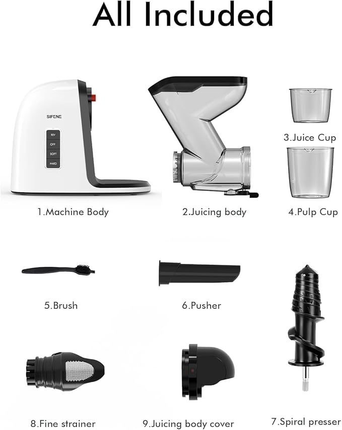 SiFENE Slow Masticating Juicer Machine, Dual 3" Wide Mouth, Anti-Clog Function, Wheatgrass, and Fruit Juice Extractor Maker. Easy to Clean & Non-BPA, White