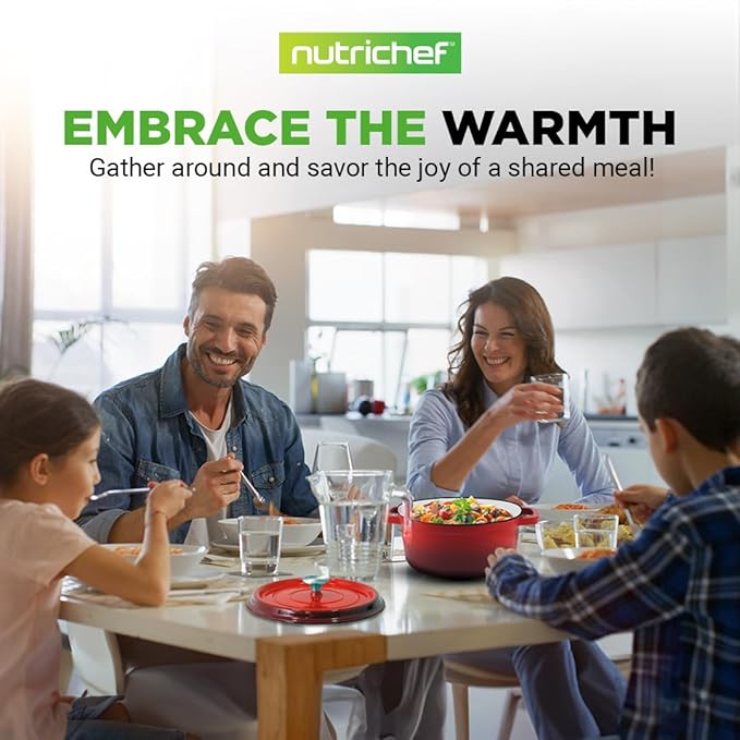 NutriChef Enameled Cast Iron Dutch Oven-5-Quart Kitchen Round Dutch Oven Stovetop Casserole Cookware, Porcelain Enamel Coated Cast-Iron Baking Pots w/ Self Basting Lid-NCCIEC45(Red),Medium