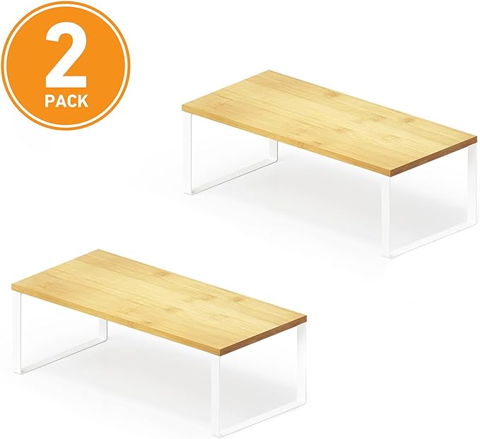 SpaceAid Cabinet Shelf Organizers 2 Pack, Kitchen Counter Rack Shelves Riser, Stackable Expandable Spice Rack, Pantry Cupboard Storage Organization (White and Natural, Long)