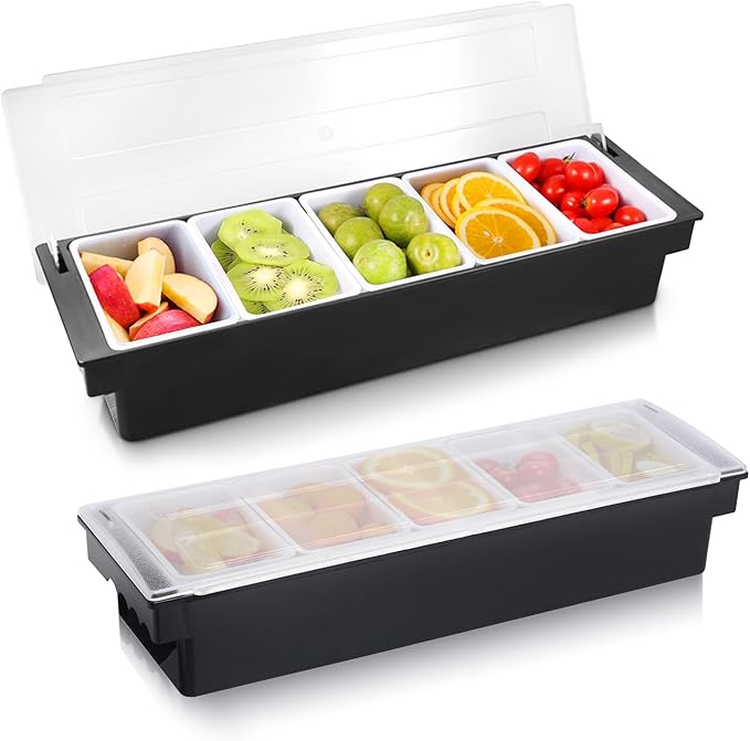 WICHEMI Fruit, Veggie & Condiment Caddy with Lid Dispenser Tray Garnish Station for Bartending & Serving Taco, Ice Cream, Salad Bar - Topping Organizer for Restaurant Supplies (5 Compartment, 2 Pack)