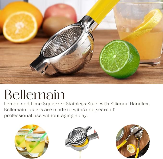Bellemain Citrus Juicer | Metal Lemon Squeezer | Lime and Lemon Juicer Stainless Steel with Silicone Handles | Manual Juicer, Citrus Squeezer, Hand Held Juicer | Bar Juicer for Bartender (Yellow)