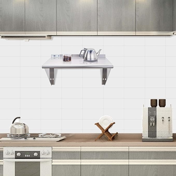 Profeeshaw NSF Stainless Steel Shelf 14” x 24”, 250 lb Commercial Shelves Wall Mounted Metal Shelving with Backsplash and 2 Brackets for Restaurant, Bar, Utility Room, Kitchen and Garage