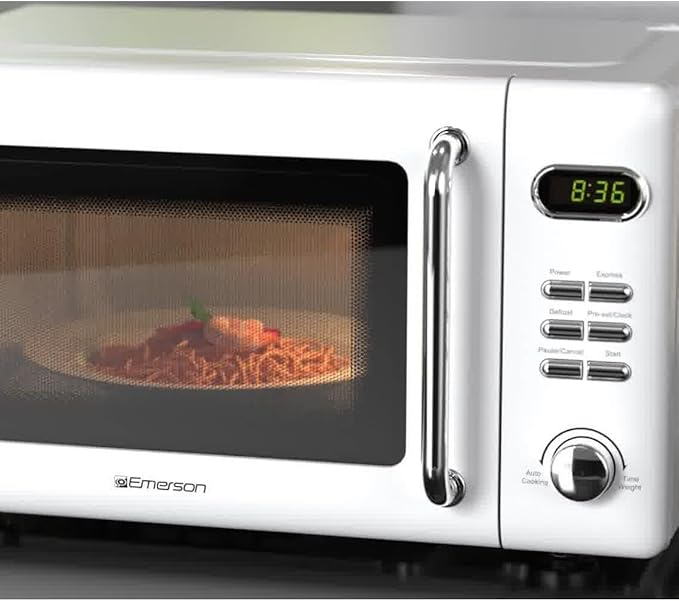 Emerson MWR7020W Compact Countertop Microwave Oven with Button Control, LED Display, 700W 5 Power Levels, 8 Auto Menus, Glass Turntable and Child Safe Lock, 0.7, Retro White