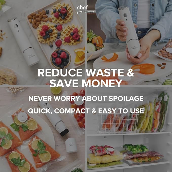 Chef Preserve Compact Vacuum Sealer for Food (Vacuum Sealer Machine + 10 Reusable Vacuum Bags) Powerful Handheld Vacuum Sealer Machine, Seal Meal Saver, Portable Food Sealer