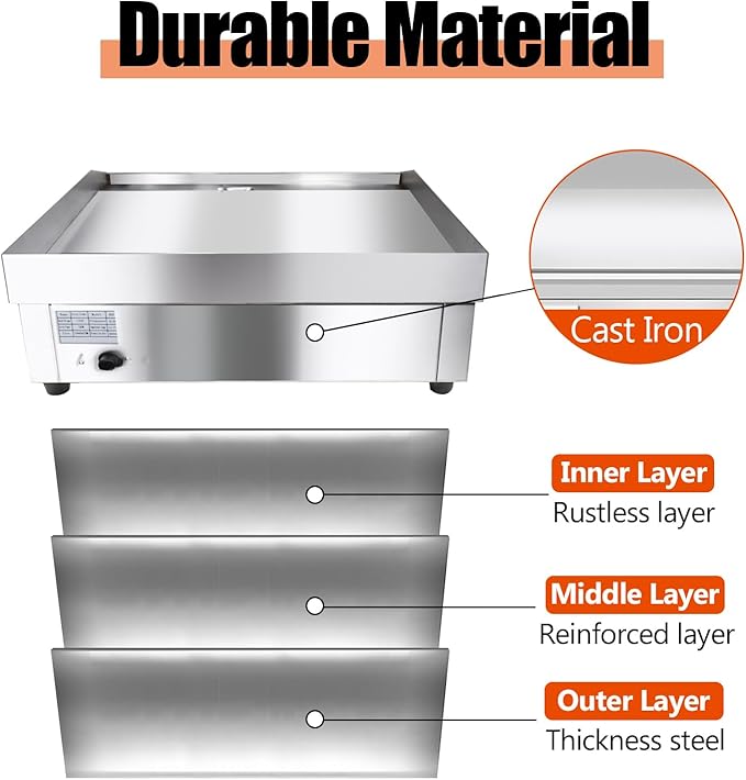 14" Commercial Electric Griddle,Electric Countertop Flat Top Griddle,110V 1500W Electric Flat Top Grill,Non-Stick Restaurant Teppanyaki Stainless Steel Grill,Adjustable Temperature Control