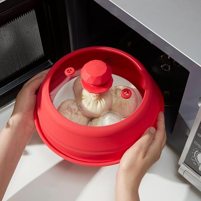 Microwave Splatter Silicone Cover Collapsible, Vented Multifunction Splash Lid with Glass Dish Bowl Plate for Food Cooking Bacon Maker, Dishwasher Safe BPA-Free 9 inch Cookware Set Red