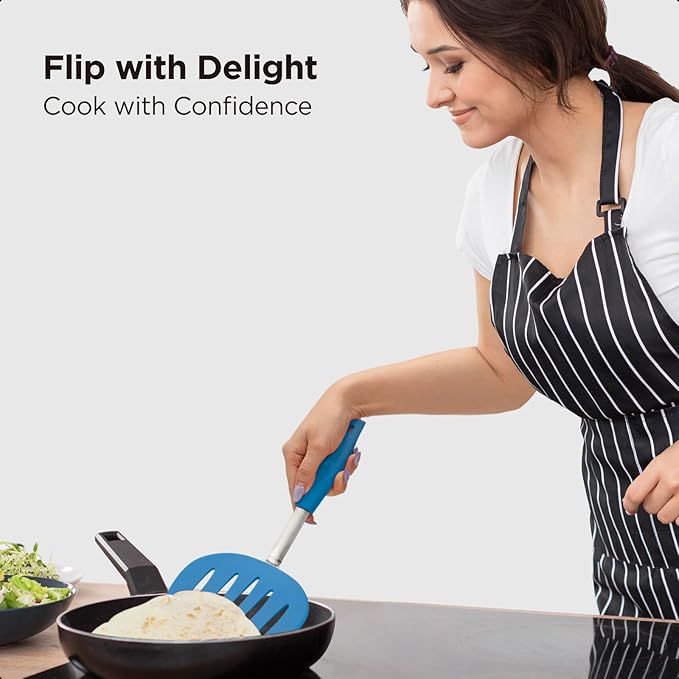 Kitchen Mama WaltzGrip Platinum Silicone Pancake Spatula Turner: Heat Resistant Flexible, Stainless Steel Core, Nonstick, Dishwasher Safe, Flipper – Ideal Kitchen Cookware for Eggs, Fish, Meat (Blue)