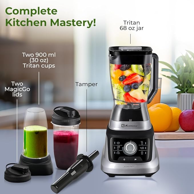 Koblenz Bob Blender, Countertop with Reversible motor, Speed Knob and 6 Functions, 1400-watt Motor, 68 oz. Capacity, Super Silent Operation, Includes 2 To-Go Cups and Tamper, Black/Chrome, LKM-9610