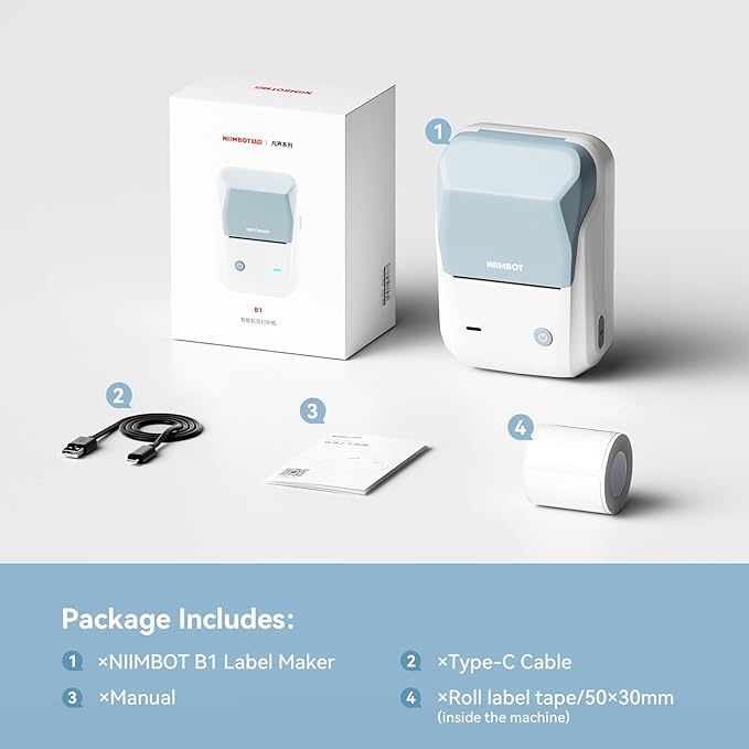 NIIMBOT B1 Label Maker Machine with Tape, 2 Inch Portable Sticker Printer for Home School & Small Business, Compatible with Phones & PC, Blue White