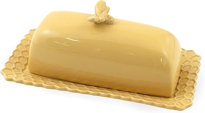 Boston International Stoneware Butter Dish & Lid, 8 x 4-Inches, Honeycomb