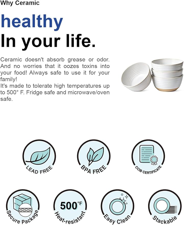 LE TAUCI Soup bowls 28 oz, Ceramic Cereal Bowl for Kitchen, Stoneware Bowl for Pho, Chip, Fruit, Salad, Noodle, Ramen, Housewarming Present- 6 Inch, Set of 4, Arctic white