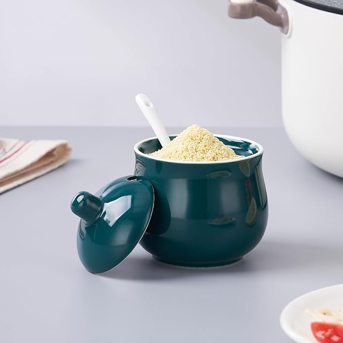 Ceramic Sugar Bowl with Lid and Spoon, Green Porcelain Sugar Salt Pepper Storage Jar, 8 Ounces