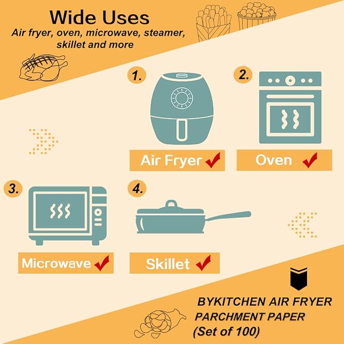 BYKITCHEN Air Fryer Parchment Paper for 2 to 5 QT, Set of 100, 8inch Round Airfryer Liners, Nonstick Air Fryer Filter Paper, Compatible with Ninja, Chefman Airfryer and More