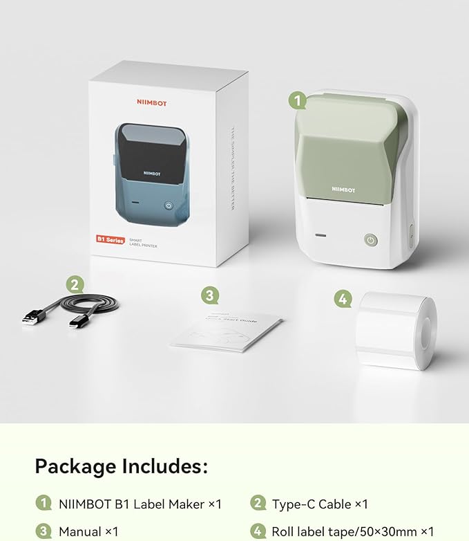 NIIMBOT B1 Label Maker, Bluetooth Portable Thermal Printer Machine with Large Waterproof Tape and Multiple Templates for Small Business,Office,Home,School, 2 Inch (Green, 1 Printer+1 Roll Label)