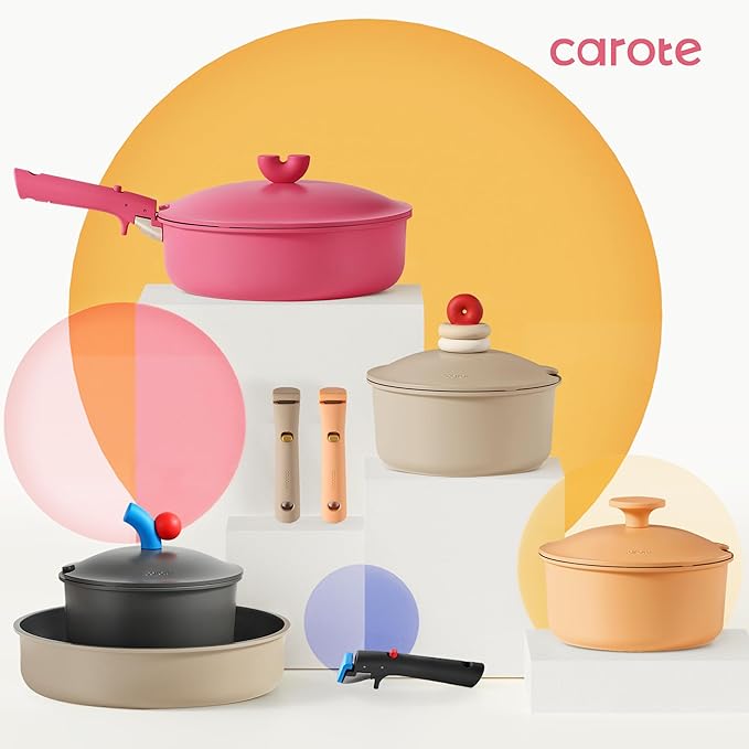 CAROTE 24pcs Pots and Pans Set Non Stick, Nonstick Cookware Set, Oven/Dishwasher/Fridge Safe Pots and Pans, RV Safe Cookware, Induction Kitchen Gift Set Detachable Handle, Pink