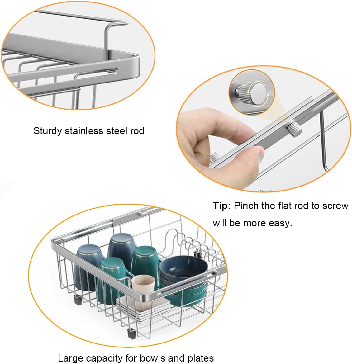 Expandable in Sink Dish Drying Rack, Adjustable Capacity (10.5''-16'') Stainless Steel Over The Sink Dish Drying Rack, Dish Drainer for Kitchen Sink Counter with Utensil Holder