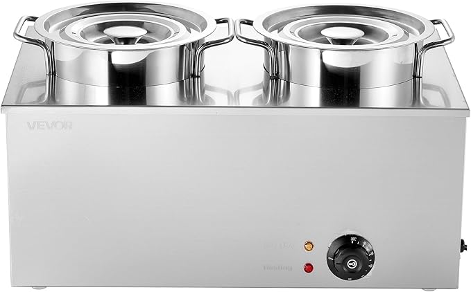 VEVOR Electric Soup Warmer, Two 6.34QT Stainless Steel Round Pot with 86~185°F Adjustable Temp, 1200W Commercial Bain Marie Compatible with Pans, Soup Station for Restaurant, Buffet