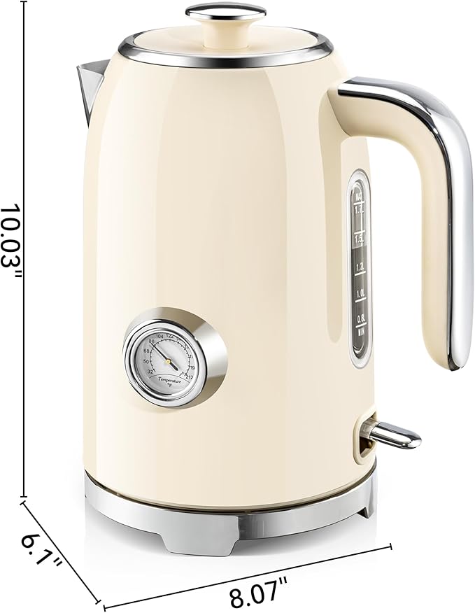 SUSTEAS Electric Kettle - 57oz Hot Tea Kettle Water Boiler with Thermometer, 1500W Fast Heating Stainless Steel Tea Pot, Cordless with LED Indicator, Auto Shut-Off & Boil Dry Protection, Beige