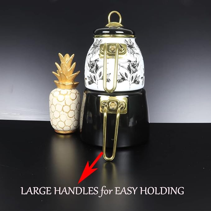 Vintage Turkish Teapot Tea Pots Kettle Set for Stovetop Stove Top Decorative Infuser Party Cups Glasses Floral Unique Boiler Samovar Strainer Loose Leaf Kitchen Style Enamel Decor (White-Black)