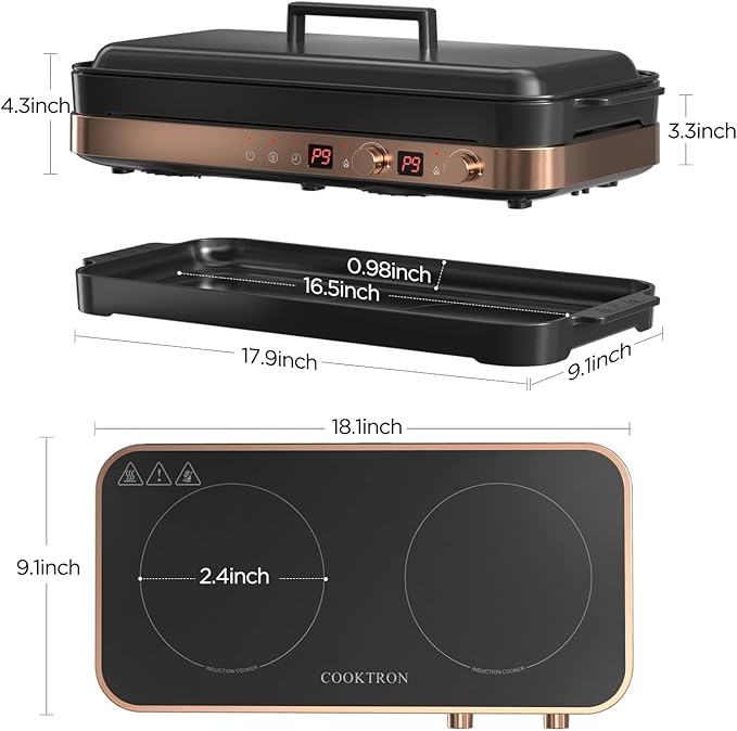 Portable Compact 2 Burner Induction Cooktop Electric Stove w/Smokeless Cast Iron Griddle Grill & Temperature Control & Child Lock, Rose Gold