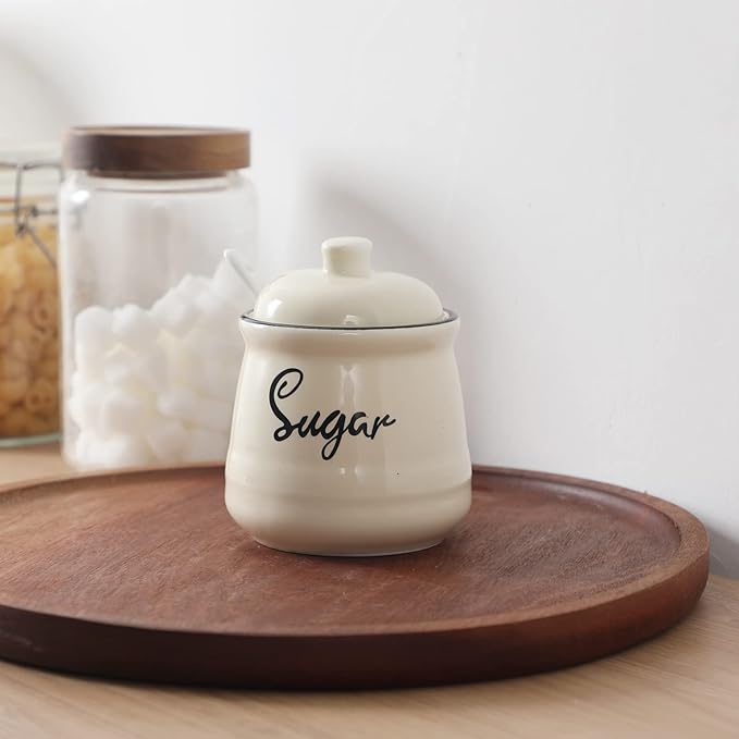 HAOTOP Farmhouse Porcelain Sugar Bowl with Lid and Spoon 12oz,Easy to Clean (Beige)