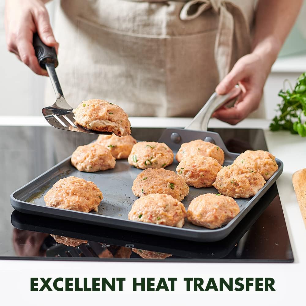 GreenPan Lima Hard Anodized 11” Square Griddle Pan, Ceramic Nonstick, PFAS-Free Nontoxic Pots and Pans, Oven & Broiler Safe, Stainless Steel Handle, Cookware for Eggs & Omelet, Gray