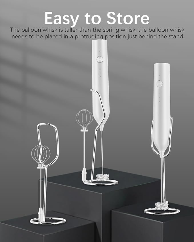 Rechargeable Milk Frother with Stand, Electric Frother Wand Handheld Coffee Foam Maker Detachable Stainless Steel Whisk Drink Mixer Foamer for Latte, Cappuccino, Hot Chocolate, Egg (White)