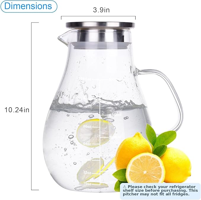 Glass Pitcher, Glass Water Pitcher with Tight Stainless Steel Lid, 105.5oz/3L, Heat Resistant Borosilicate Glass Carafe, Long Handle Cleaning Brush and Mixing Spoon, Temperature Safe