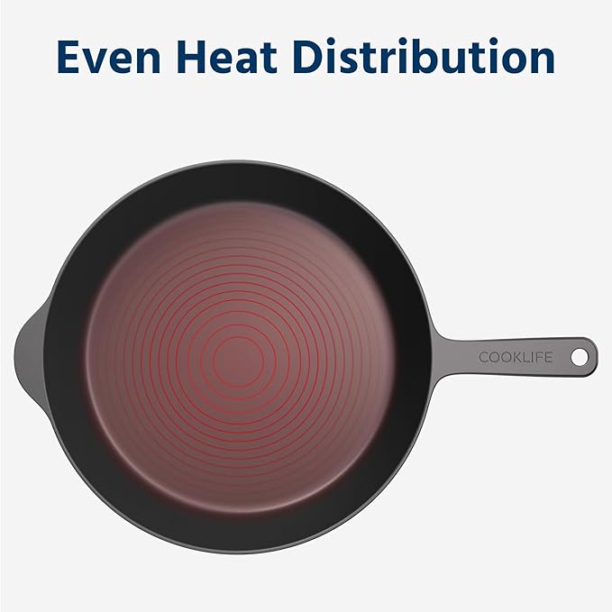 COOKLIFE 12 Inch Lightweight Pre-Seasoned Cast Iron Skillets - Smooth Polished Surface, Easy to Clean Cast Iron Pan Use in the Oven, on the Stove or Grill, Over a Campfire