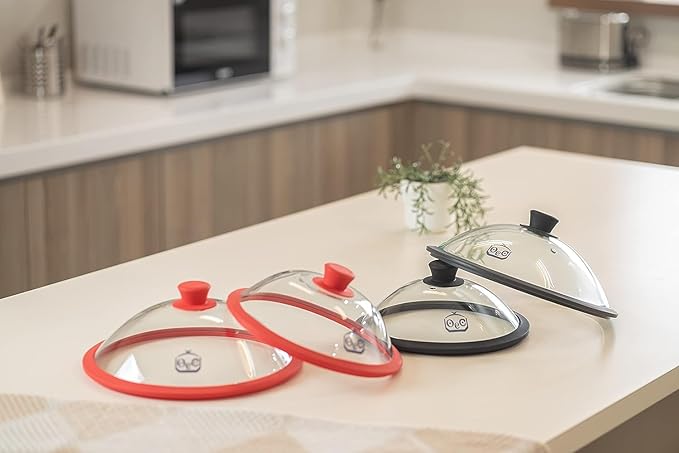 OEC Vented Splatter Guard Microwave Glass Cover with Easy-Grip Handle - 100% Food Grade Tempered Glass & BPA Free Silicone Rim. Compatible with Plates, Dishwasher Safe - 12.5” Diameter – Black