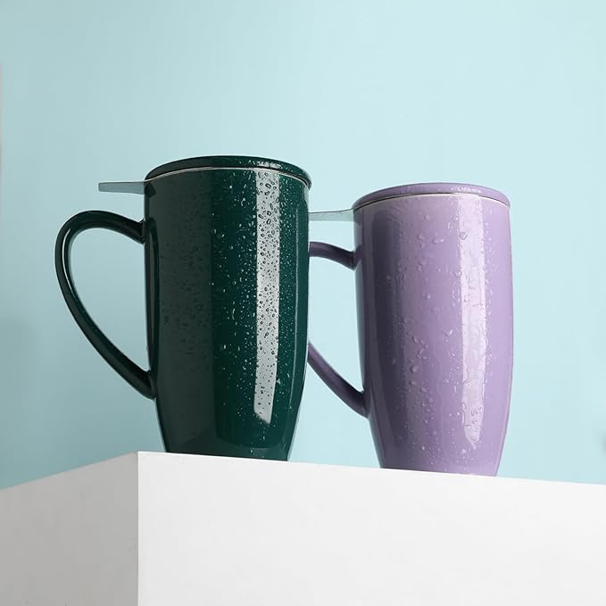 Sweejar Porcelain Tea Infuser Mug with Lid, 20 oz Teacup with Strainers for Loose Leaf Tea, Microwave and Dishwasher Safe Coffee Mug(Turquoise)