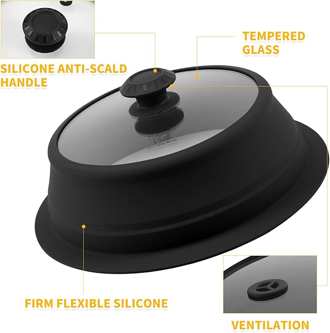 Collapsible Microwave Splatter Lid with Vented Tempered Glass Cover Wok Lid for Microwave Safe, Stockpot Steamer Pot Pan 10.5-11 inch Universal Multifunction Silicone Cover
