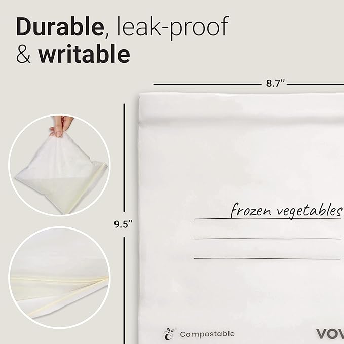 Vove Compostable Zip Bags | 30-Pack Quart Size (1L) | PLA PBAT Biodegradable Storage Bags | Certified Eco-Friendly Food Storage | Zero Waste Kitchen | Plastic-Free Sustainable Storage