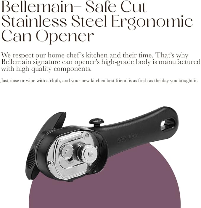 Bellemain Stainless Steel Can Opener – Manual Can Opener For seniors - Ergonomic Smooth edge Can Opener Hand Held Heavy Duty – Easy to use can opener safe cut