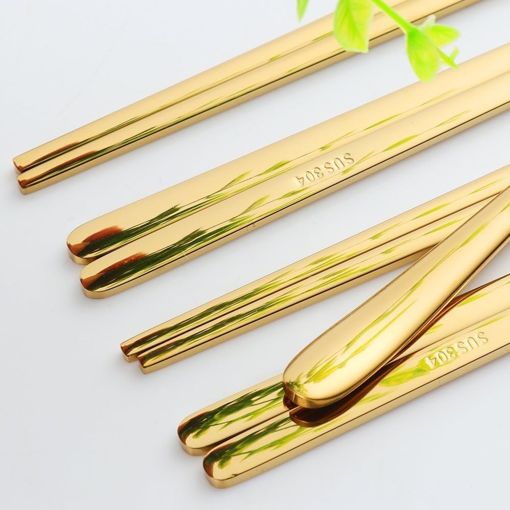Buyer Star 5 Pairs Gold Flat Chopsticks - Reusable Metal Stainless Steel Chinese Chopsticks Set with Case
