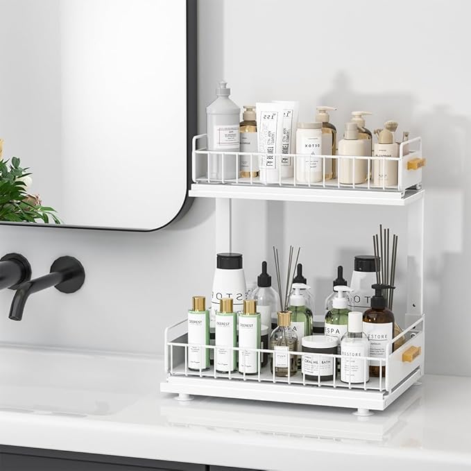 Under Sink Organizer, Pull Out Kitchen Cabinet Organizer, 2-Tier Metal Under Sink Organizers and Storage Height-Adjustable, Kitchen Bathroom Organizers and Storage Shelves, White