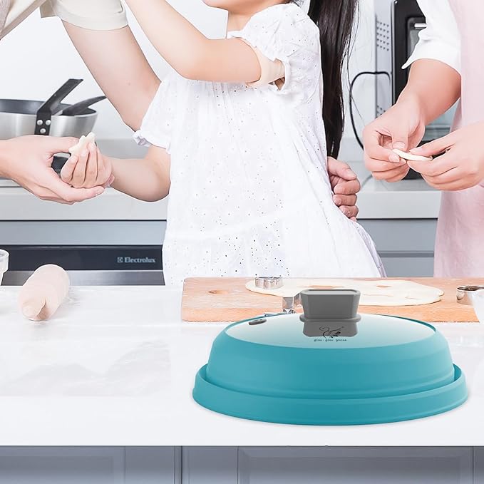 Microwave Splatter Cover Glass Cover Splatter Guard Lid with Collapsible Silicone for Food Cover Plate Cover 10.8 inch Blue